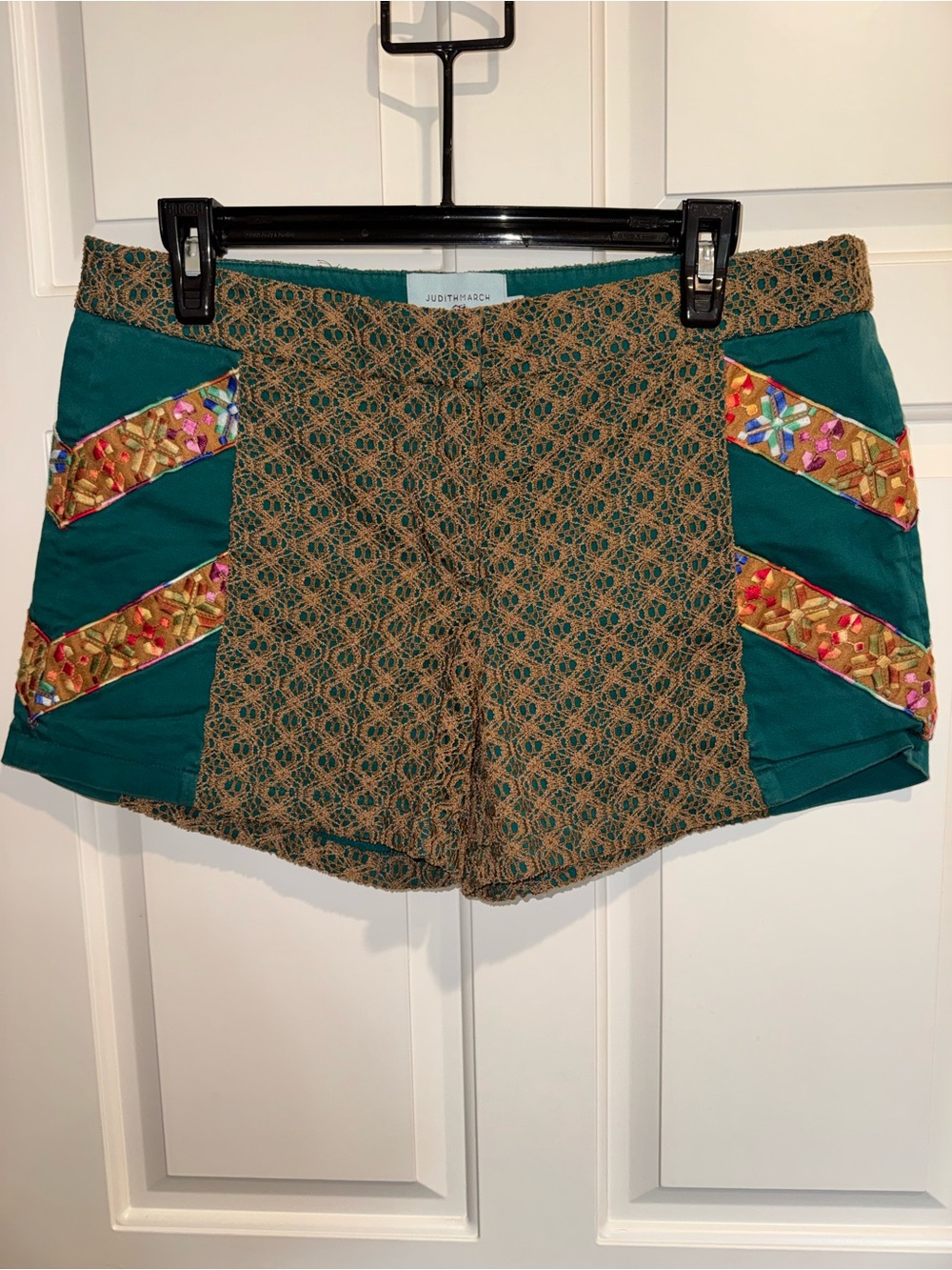 Judith March Teal Shorts with Brown Crochet & Multicolor Embroidery